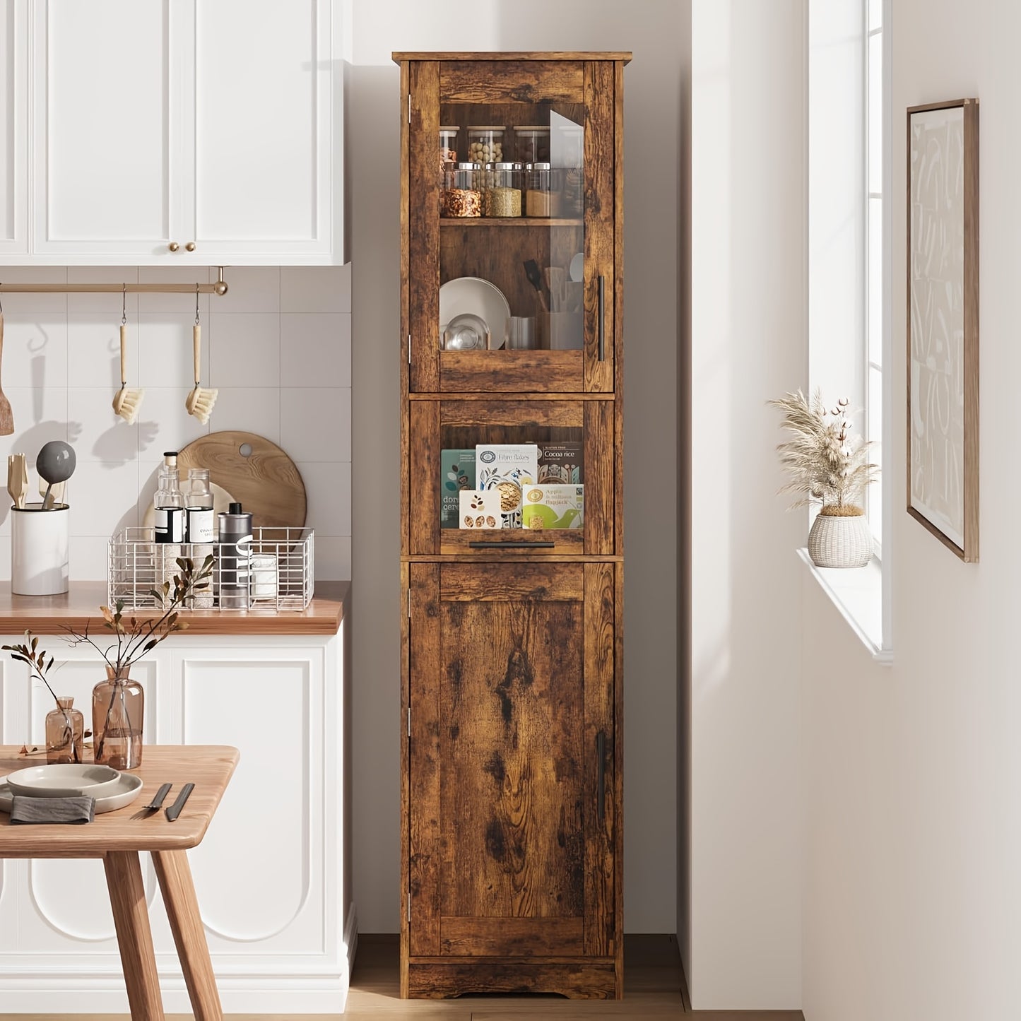 Badkamerkast – Opbergkast – Kolomkast – Wastafelonderkast – Badkamermeubel – Smal Hoog Model – Vrijstaand – 170 cm Hoog – Rustiek Bruin Hout