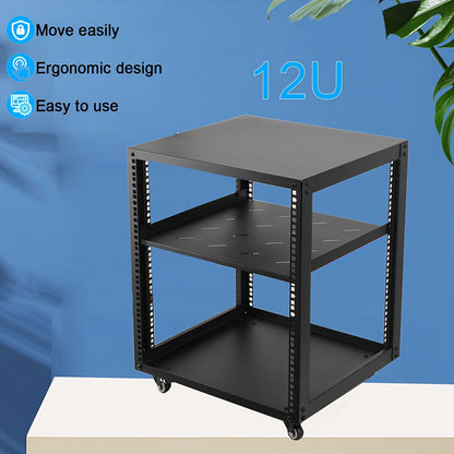 12U Open Frame Serverrek – Serverkast – Netwerkrek – Serverrack – Kabelrek – Verstelbare Diepte 23-40 Inch – Zwart Koudgewalst Staal Met Wielen