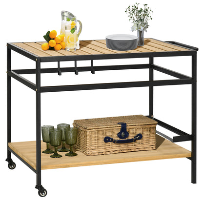 Barbecuewagen – Barbecuetrolley – Grillwagen – BBQ Kar – Serveerwagen – Natuurlijk Hout En Metaal – 2 Ruime Planken & 3 Haken – 107x65x80 cm