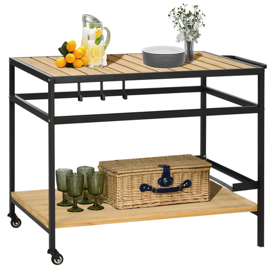 Barbecuewagen – Barbecuetrolley – Grillwagen – BBQ Kar – Serveerwagen – Natuurlijk Hout En Metaal – 2 Ruime Planken & 3 Haken – 107x65x80 cm