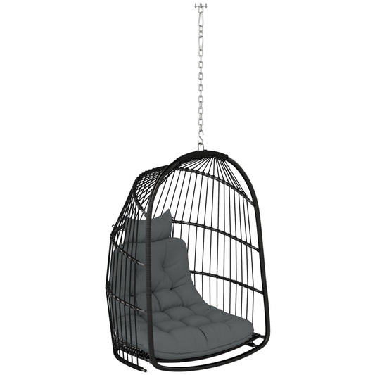 Hangstoel – Hangmand – Schommelstoel – Hangstoeltje – Zitzak – Poly Rattan – Inklapbaar Frame – Afneembaar Kussen – Max 150 kg – Donkergrijs – Voor Binnen & Buiten