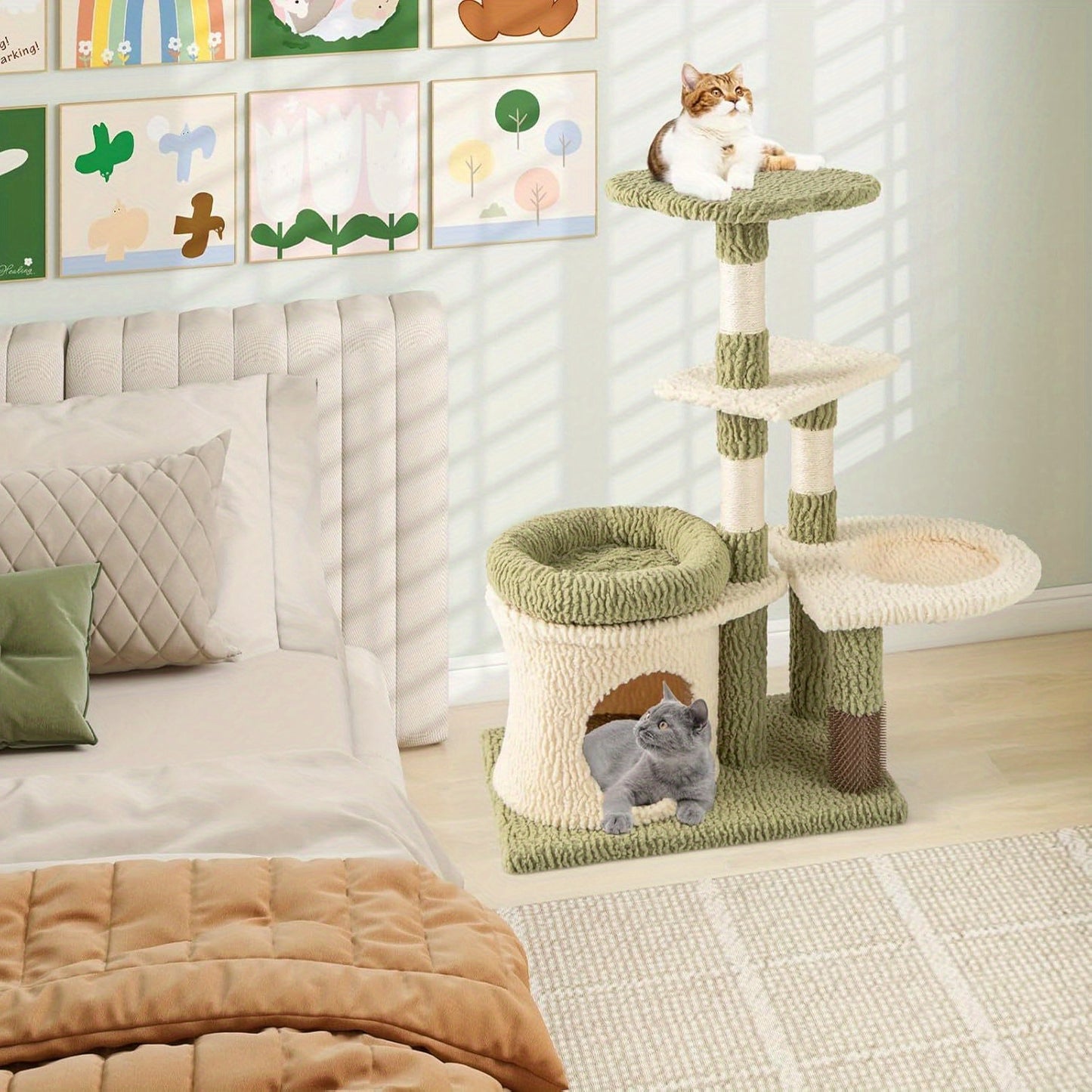 Krabpaal – Kattenboom – Krabmeubel – Kattenhuis – Klimpaal – Groen – 97 cm Hoog – Inclusief Kattenhol, Hangmat en Sisal Krabpalen