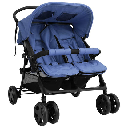Twinwagen – Dubbele Kinderwagen – Duowagen – Tweelingwagen – Wandelwagen – Stalen Frame – Inclusief Zonnekap – Inklapbaar – Marineblauw