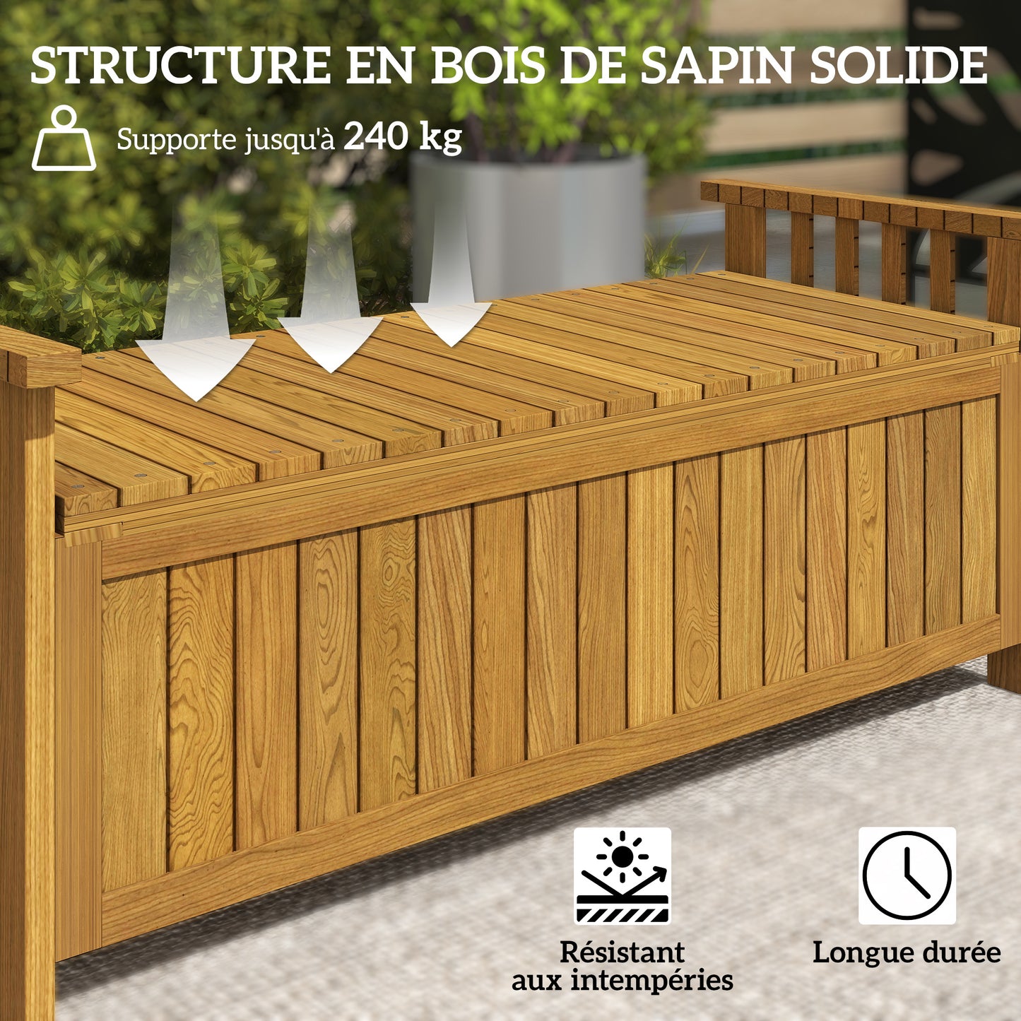 Sunny Garden in Wood 2 Seats with 186L Storage Space, Outdoor with Armrests, 240 Kg Load, for Garden Balcony, 128.5 X 56 X 53.5 Cm Brown