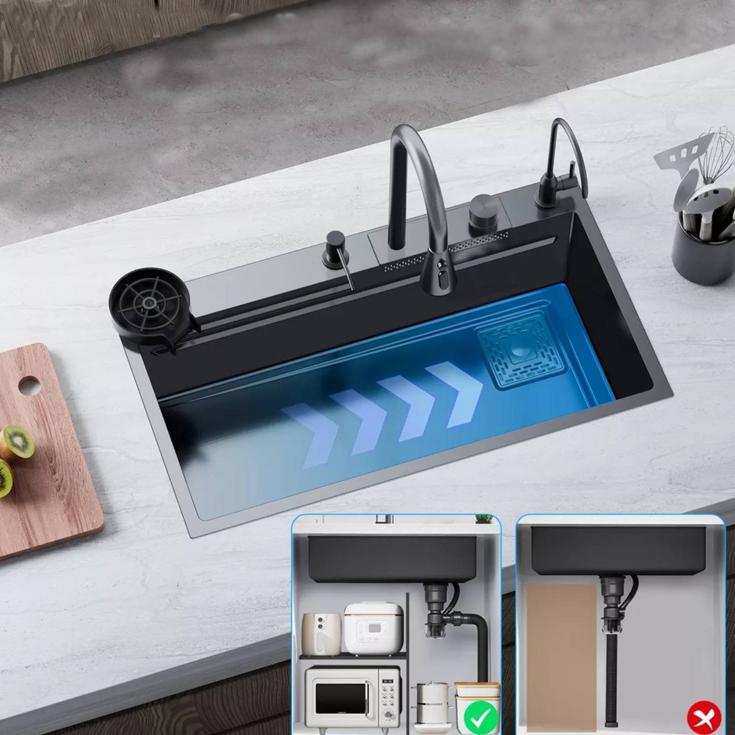 Keukenspoelbak – Spoelbak – Werkstation – Enkele Kom – Topmount – 80 x 45 cm – Roestvrij Staal – Mat Zwart – Multifunctioneel met 360° Mengkraan