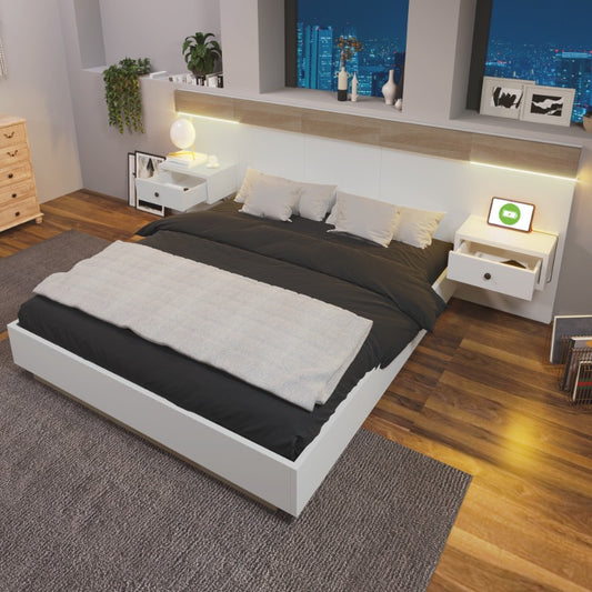 Beddenpakket – Slaapkamer Set – Tweepersoonsbed – Bedframe – Nachtkastjes – Sonoma Eiken & Wit Mat – Afmeting 140x200 cm – Volledig Gemonteerd