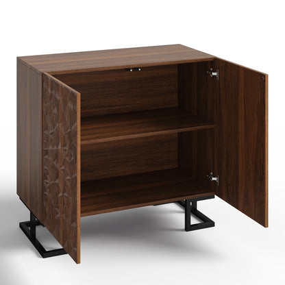 BTM Sideboard Cabinet 80X40X78 Cm Dark Walnut Optics with Leaf Relief, Push-To-Open Doors, Metal Legs 15 Cm, Modern Sideboard with Tilt Protection for Living Room, Dining Room & Hallway