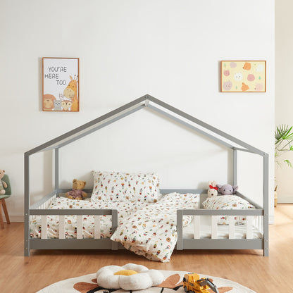 Kinderbed – Kinderbedden – Eenpersoonsbed – Hoogslaper – Stapelbed – Huisvormig Design – Valbeveiliging – Grenenhout – 140x200 cm