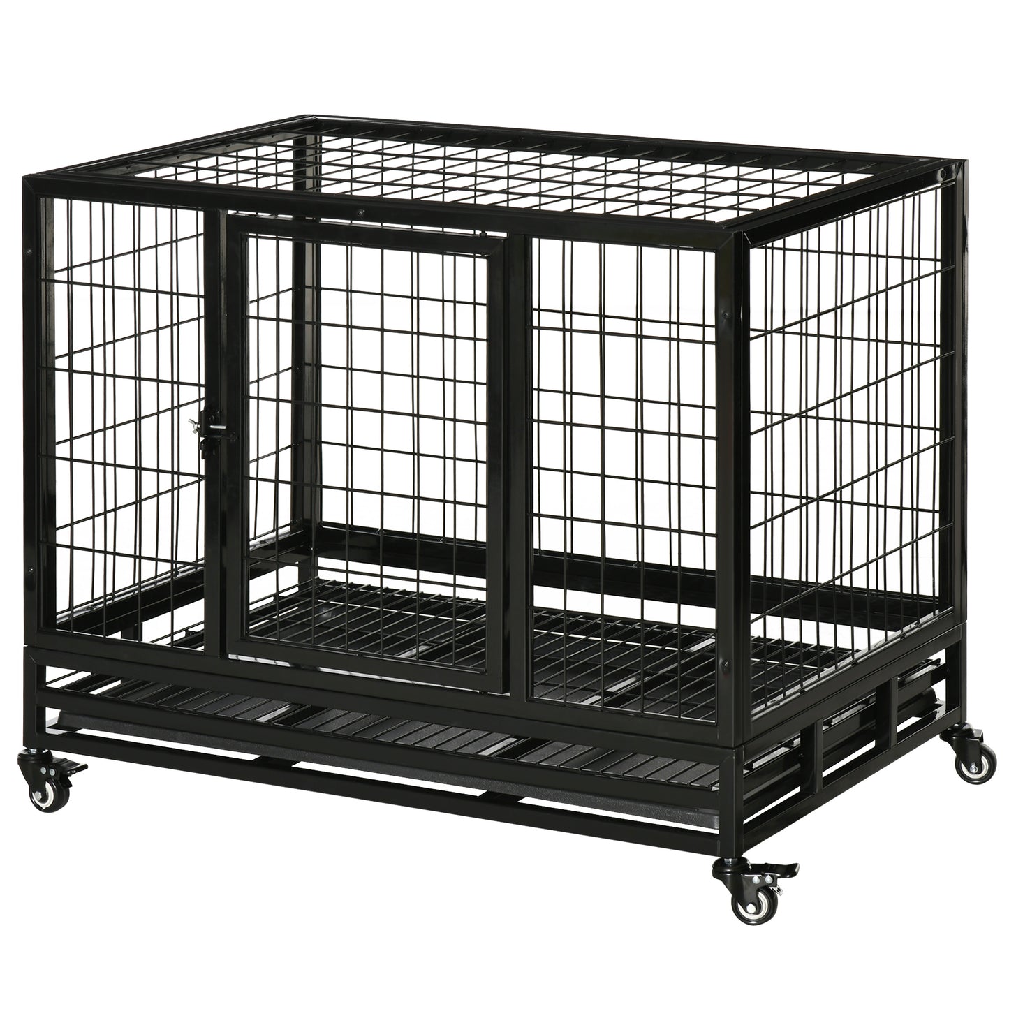 Hondenbench – Hondenkooi – Hondenhok – Reisbench – Transportkooi – Met Wieltjes – 2 Deuren – Metaal – Verwijderbare Opvangbak – 92x62x75 cm – Zwart