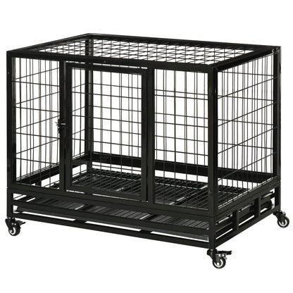 Hondenbench – Hondenkooi – Hondenhok – Reisbench – Transportkooi – Met Wieltjes – 2 Deuren – Metaal – Verwijderbare Opvangbak – 92x62x75 cm – Zwart