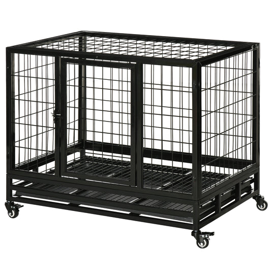 Hondenbench – Hondenkooi – Hondenhok – Reisbench – Transportkooi – Met Wieltjes – 2 Deuren – Metaal – Verwijderbare Opvangbak – 92x62x75 cm – Zwart