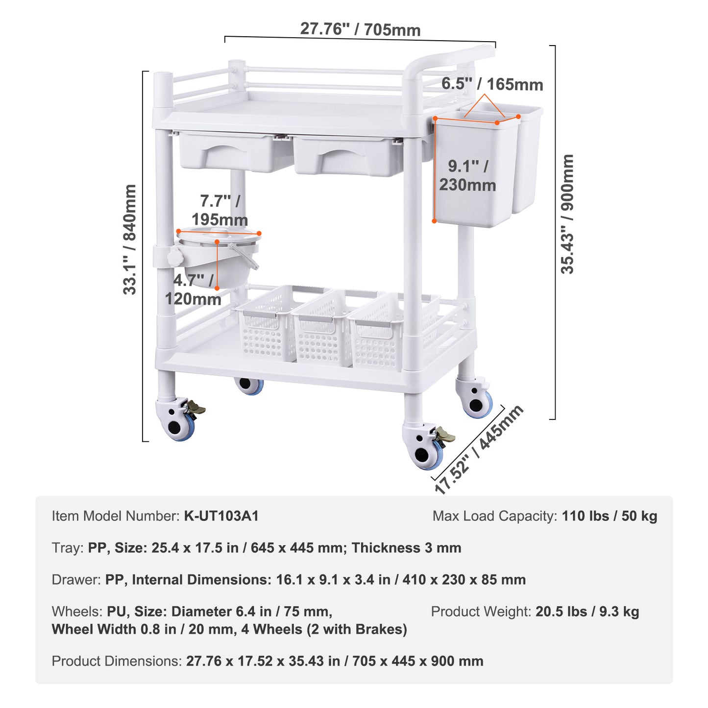 Medische Kar – Laboratoriumwagen – Mobiele Trolley – Rolwagen – Opbergwagen – 2 Etages & 2 Lades – 3 Afvalbakken Wit