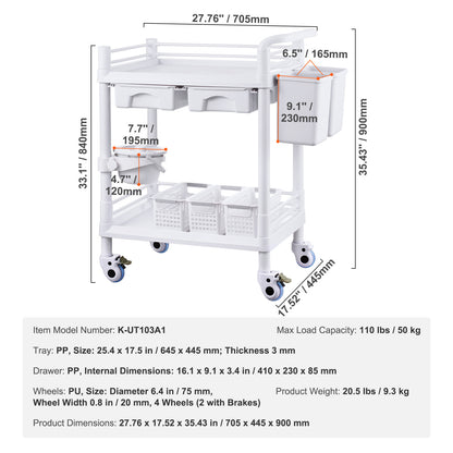Medische Kar – Laboratoriumwagen – Mobiele Trolley – Rolwagen – Opbergwagen – 2 Etages & 2 Lades – 3 Afvalbakken Wit