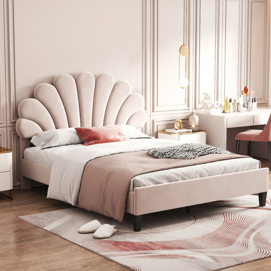 Tweepersoonsbed – Gestoffeerd Bed – Velours Bed – Slaapbed – Bedframe – 140 x 200 cm – Uniek Bloemvormig Hoofdbord – Zachte Huidvriendelijke Bekleding Beige