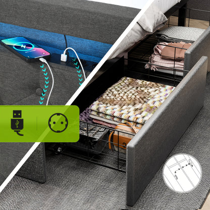 Bed 140x200 cm – Tweepersoonsbed – Boxspring – Led Bed – Opbergbed – Gestoffeerd Hoofdbord – Met Vier Lade Opbergruimte – USB Verlichte LED – Met Houten Lattenbodem