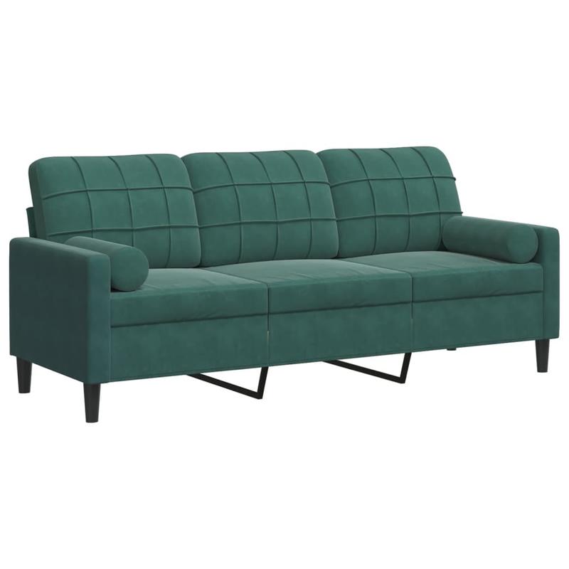 3-zits bank – sofa – zitbank – meubel – loungesofa – donker groen fluweel – 180 cm breed – hardhouten frame – brandwerend – decoratieve kussens – comfortabel