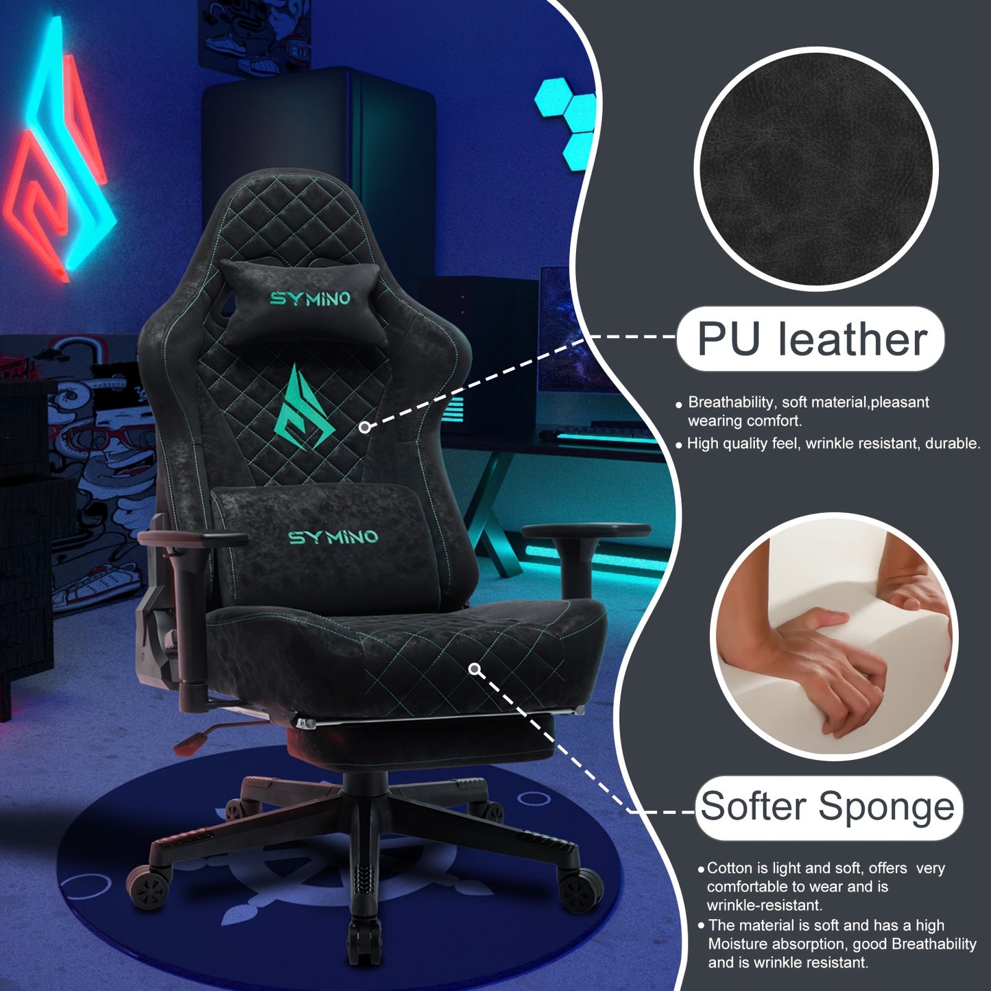 Gamingstoel – Bureaustoel – Gamerstoel – Zwart Grijs – Ergonomisch – Verstelbare Rugleuning & Voetsteun – PU Leer