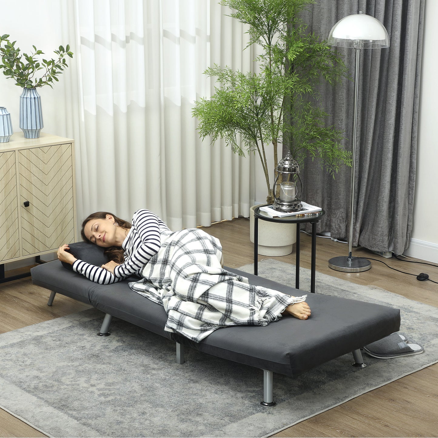 Inklapbare Relaxstoel – Vouwstoel – Ligstoel – Relaxbed – Zitbed – Donkergrijs Velvet – Verstelbare Rugleuning – Compact Opvouwbaar