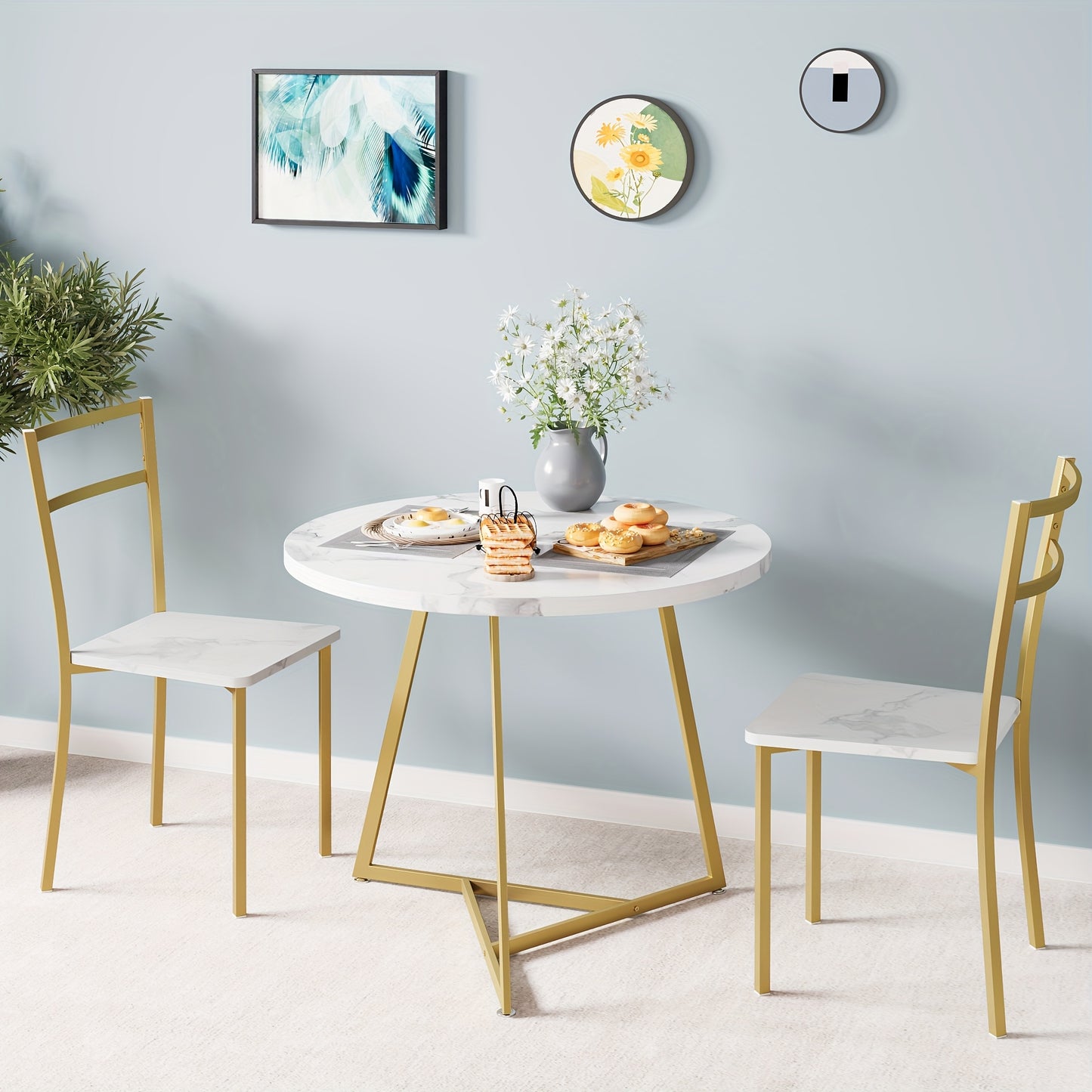 Eettafelset – Eettafel – Eetkamerset – Keukentafel – Zitgroep – Ronde Tafel 80 cm – 2 Gestoffeerde Stoelen – Gouden Metalen Frame – Wit MDF Tafelblad – Compact & Ruimtebesparend – Duurzaam Hout-Metaal