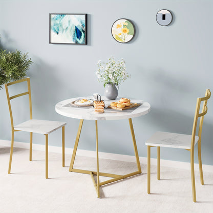 Eettafelset – Eettafel – Eetkamerset – Keukentafel – Zitgroep – Ronde Tafel 80 cm – 2 Gestoffeerde Stoelen – Gouden Metalen Frame – Wit MDF Tafelblad – Compact & Ruimtebesparend – Duurzaam Hout-Metaal