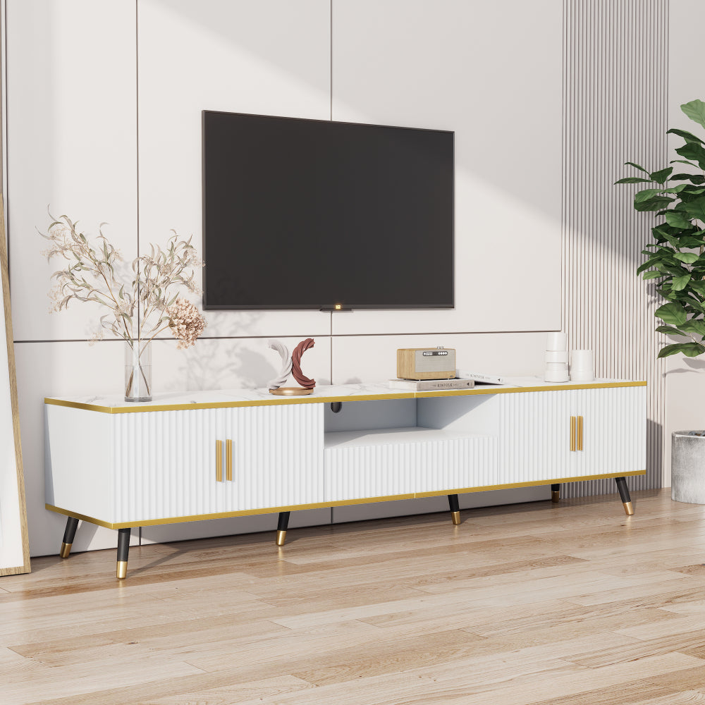 TV-Meubel – TV Meubel Kast – TV Dressoir – TV Bank – Lagere TV-Kast – Geschikt Voor Televisies Tot 90 Inch – Wit Paneel Zonder Hout – Eenvoudige Montage – 200x40x46 cm – Met Lade En Deuren