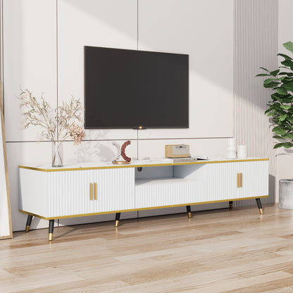 TV-Meubel – TV Meubel Kast – TV Dressoir – TV Bank – Lagere TV-Kast – Geschikt Voor Televisies Tot 90 Inch – Wit Paneel Zonder Hout – Eenvoudige Montage – 200x40x46 cm – Met Lade En Deuren
