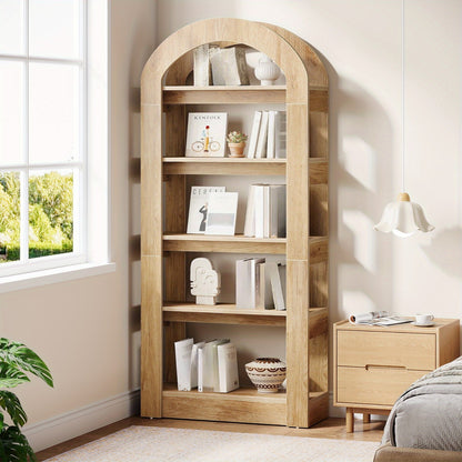 Boekenkast – Boekenrek – Opbergkast – Wandkast – Vakkenkast – Hoogstaand – Boogvormig Ontwerp – Hout & MDF – 5 Planken – Teak Kleur – Ruimtebesparend – 22,5 kg Draagvermogen per Plank