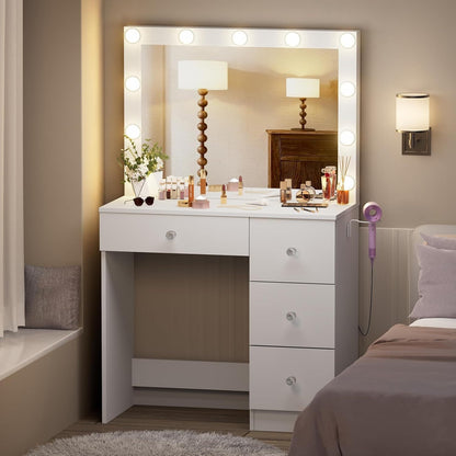 Kaptafel – Make-up Tafel – Schminktafel – Dressing Table – Vanity Desk – Met Spiegel en Haardrogerhouder – Massief Hout en Kunstpanelen – 4 Lades – 68,5 cm Hoogte – Ruime Opbergruimte 3,2 ft³