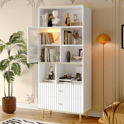 Boekenkast – Boekenrek – Opbergkast – Vakkenkast – Stellingkast – Wit – Transparante Deuren – Geruisloze Laden – 78x36x180 cm – Metalen Voet – Vrijstaand Design