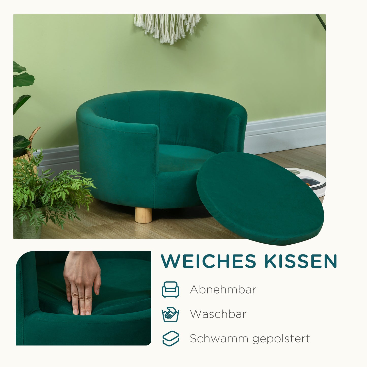 Huisdiersofa – Dierenbank – Dierenbed – Kattenbank – Hondensofa – Wasbare Kussenhoes – Berkenhouten Poten – Geschikt Voor Kleine Huisdieren Tot 4,5 Kg – Groen