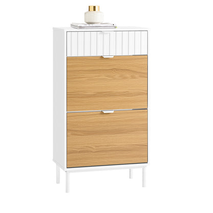 Schoenenkast – Schoenenrek – Schoenenopberger – Opbergkast – Schoenenschuiflade – 2 Klapdeuren – Verstelbare Vakverdeling – MDF Wit/Natuurlijk Hout – 60x35x110 cm