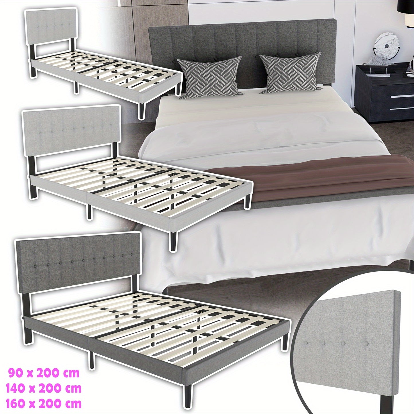 Bedframe – Bed – Slaapbed – Ledikant – Boxspring – 140x200 cm – Linnen Bekleding – Stevig Metalen Frame – 12 Latten Voor Optimale Ventilatie