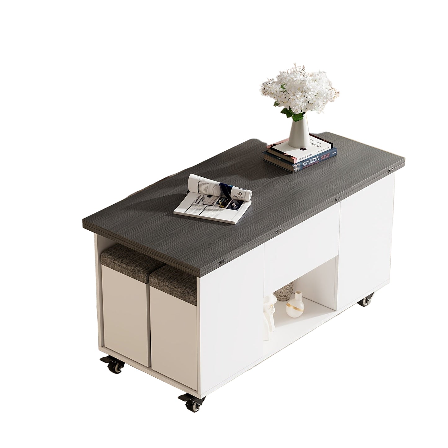 Salontafel – Koffietafel – Bijzettafel – Eettafel – Werkplek – Verstelbaar Blad – Verrijdbaar Met Remmen – Hoogwaardig Hout – Grijs/Wit