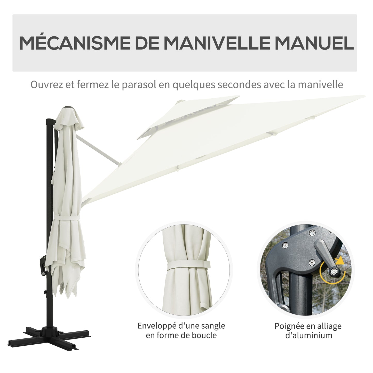 Parasol – Tuinparasol – Zonneparasol – Terrasparasol – Offset Parasol – 3x3 Meter – Kantelbaar en Draaibaar – Dubbel Dak voor Ventilatie – Beige Polyester