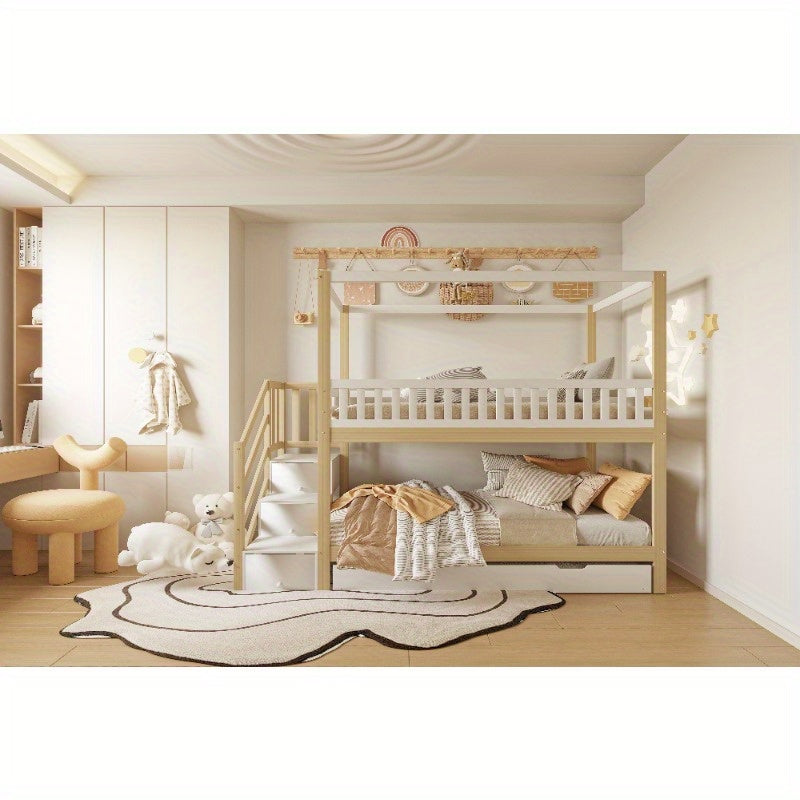 Hoogslaper – Loftbed – Stapelbed – Kinderbed – Eenpersoonsbed – Met Veiligheidshekken – Uitschuifbaar Bed – Opberglade – Wit/Naturel – 90x200 cm – Ruimtebesparend Design