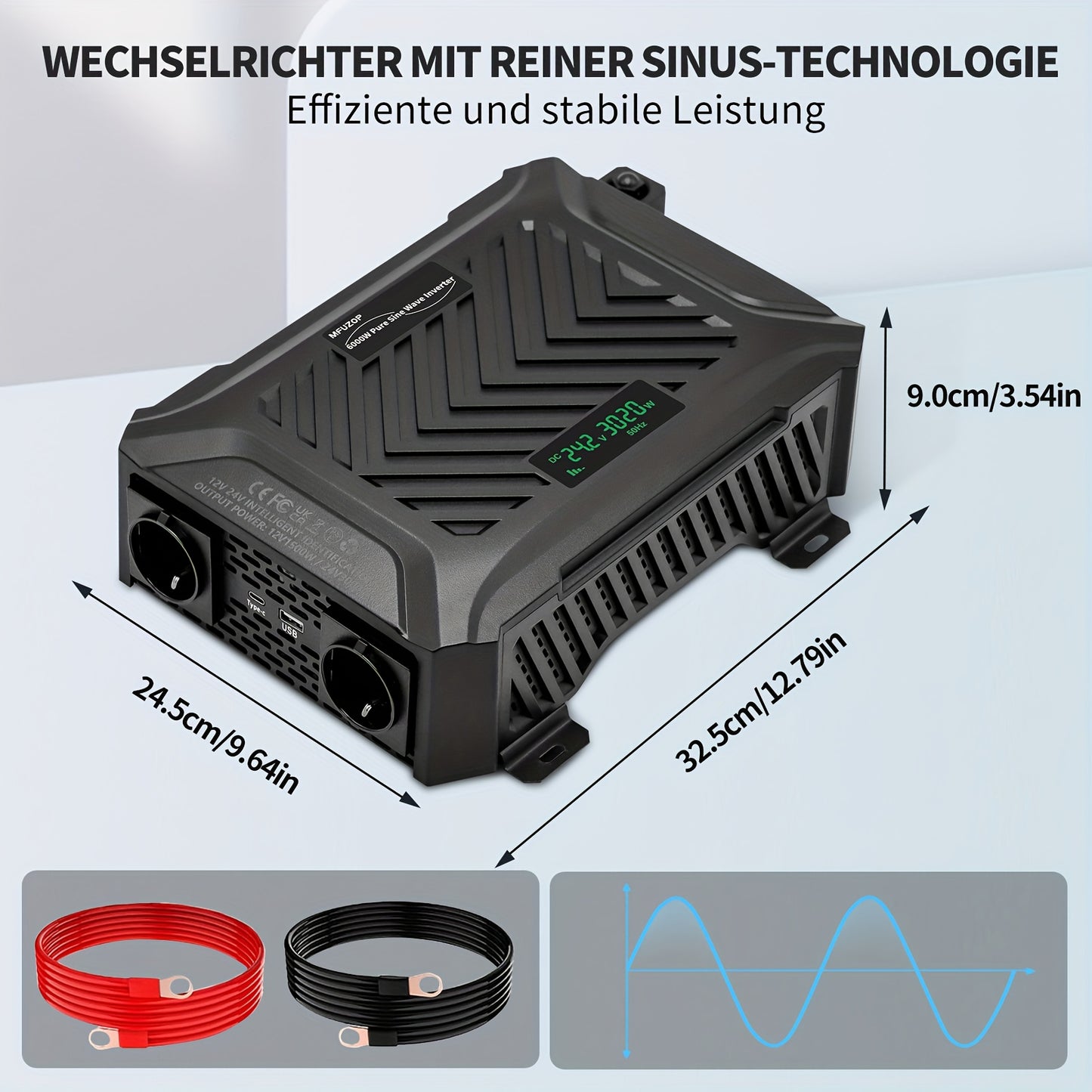 Omvormer – Spanningsomvormer – Stroomomzetter – DC naar AC Converter – Energieomvormer – Dual Voltage 12V/24V – 1500W/3000W Continu Vermogen – Pure Sinusgolf Met LCD Display & Intelligente Spanningdetectie