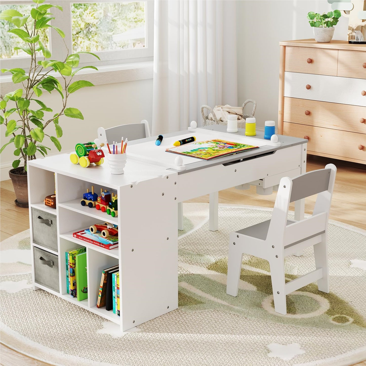 kinderbureau – kindertafel – speeltafel – tekentafel – knutseltafel – 3-in-1 opklapbaar tafelblad – stevig dennenhout met ruime opbergruimte