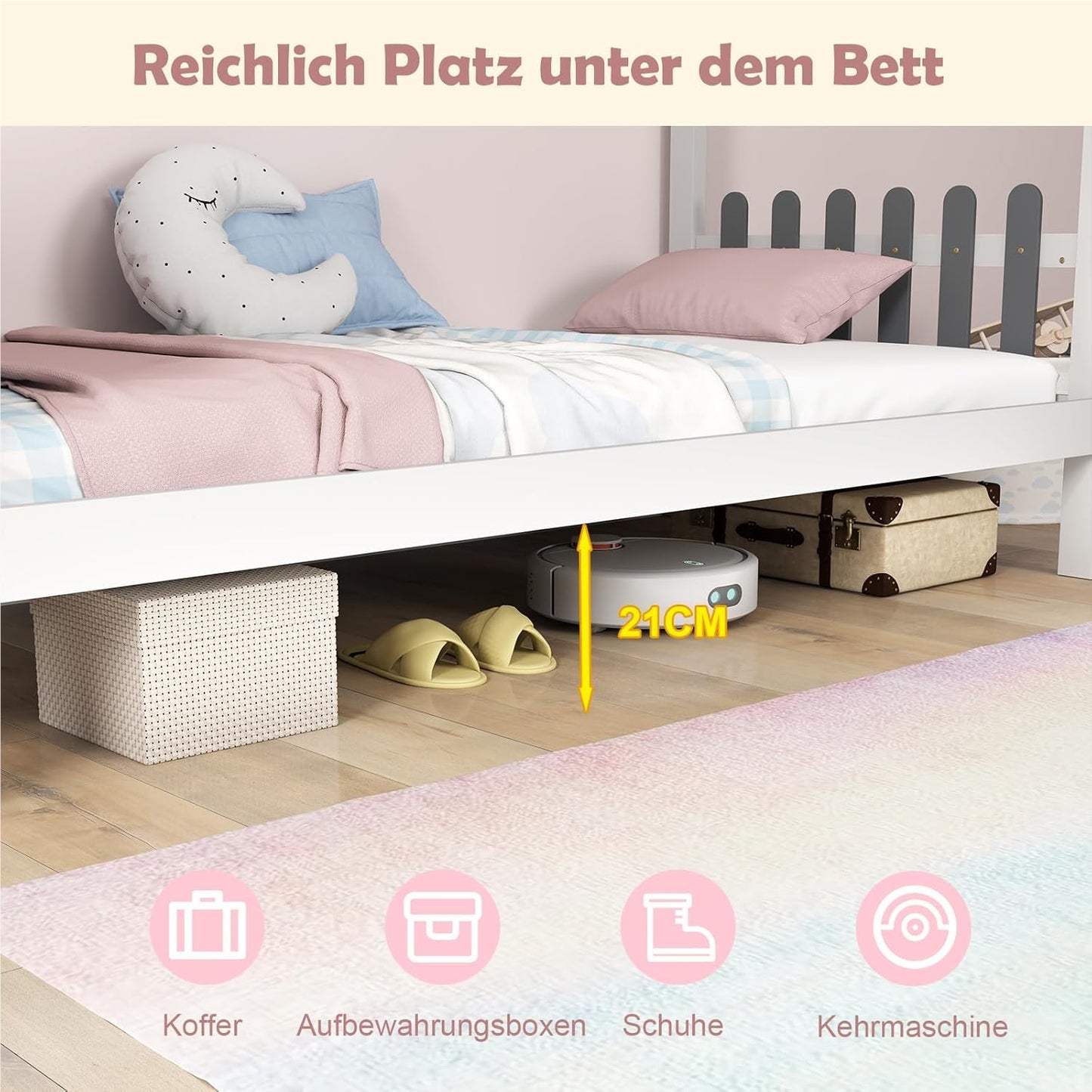 Huisbed – Kinderbed – Jeugdbed – Bed met Bureau – Bed met Laden – 90x200 cm – Houten Frame – Wit met Grijs