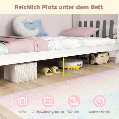 Huisbed – Kinderbed – Jeugdbed – Bed met Bureau – Bed met Laden – 90x200 cm – Houten Frame – Wit met Grijs