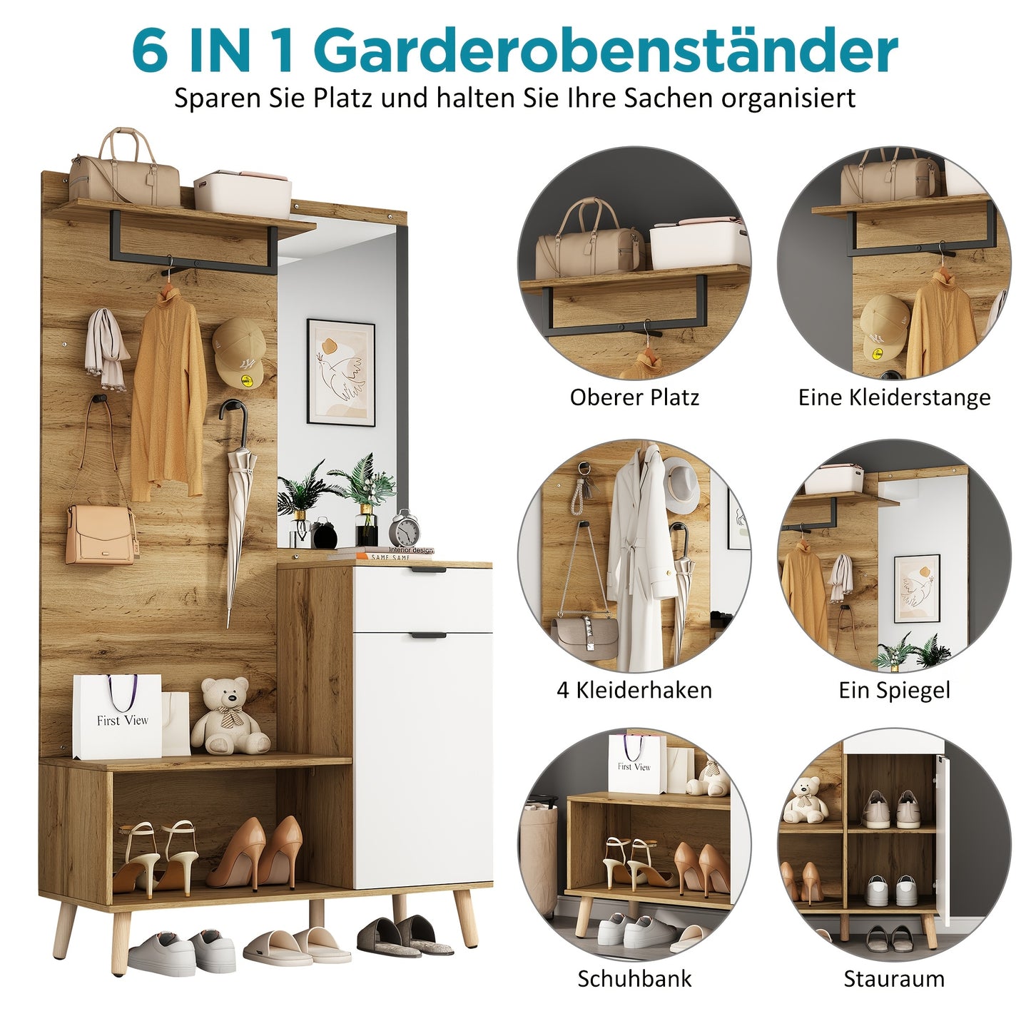 Kledingkast – Garderobekast – Opbergkast – Draaideurkast – Schoenenkast – Hout – Spiegel – Schoenenbank – 190 cm Hoog – Hydraulische Scharnieren – Multifunctioneel Design