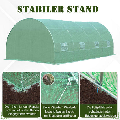 Heavy Duty Greenhouse with Arched Design & Window - Large 595x300x200cm (19.5x9.8x6.6ft) Outdoor Plant Insulation Room, Durable Plastic Construction with Sturdy Frame, All-Weather Protection, Ventilation System & Shelving Com