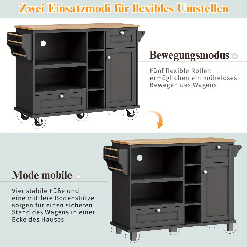 Keukeneiland – Keukenwagen – Keukentrolley – Mobiel Keukeneiland – Keukenkar – Mobiel Opbergrek – Wieltjes – MDF Werkblad – 129x46x92 cm – Zwarte Basis met Lichtbruin Werkblad