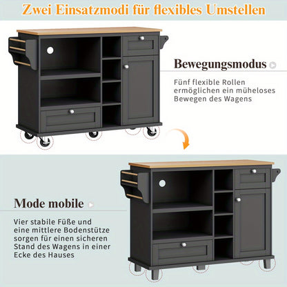 Keukeneiland – Keukenwagen – Keukentrolley – Mobiel Keukeneiland – Keukenkar – Mobiel Opbergrek – Wieltjes – MDF Werkblad – 129x46x92 cm – Zwarte Basis met Lichtbruin Werkblad