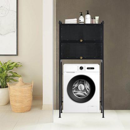 Wasmachine Meubel – Wasmachine Kast – Wasmachine Ombouw – Wasmachine Opbergrek – Wastafel Meubel – Zwart – 3-Lagens Opbergruimte – 6 Afneembare Haken – Carbonstaal & Kunststof – Vrijstaand – Compact 70x25x167 cm