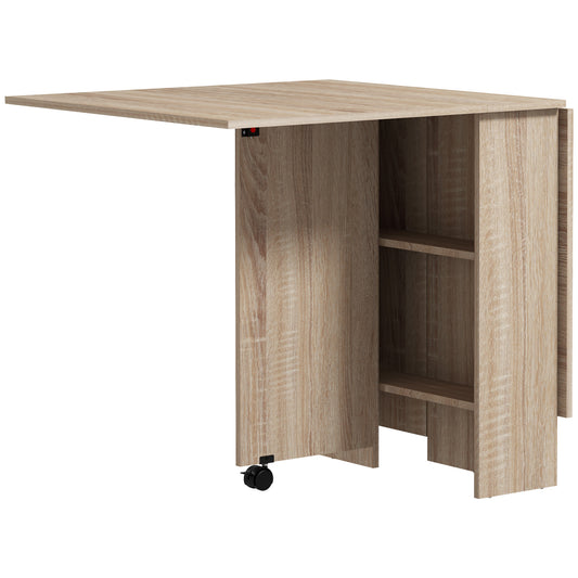 Inklapbare Eettafel – Opklapbare Tafel – Uitklapbare Tafel – Klaptafel – Tafel Op Wieltjes – 140x80x74 cm – Natuurlijk Hout – Met 2 Opklapbare Bladen En 2 Planken