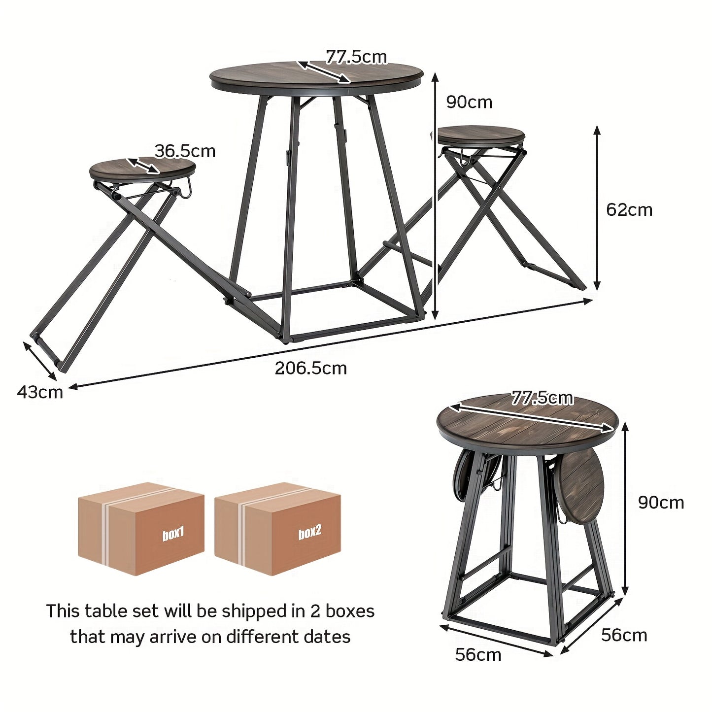 Industriële Eettafelset – Ronde Eettafel – Inklapbare Krukken – Compacte Tafel – Moderne Zitset – Space-Saving Design – Heavy-Duty Metalen Frame – MDF Tafelblad
