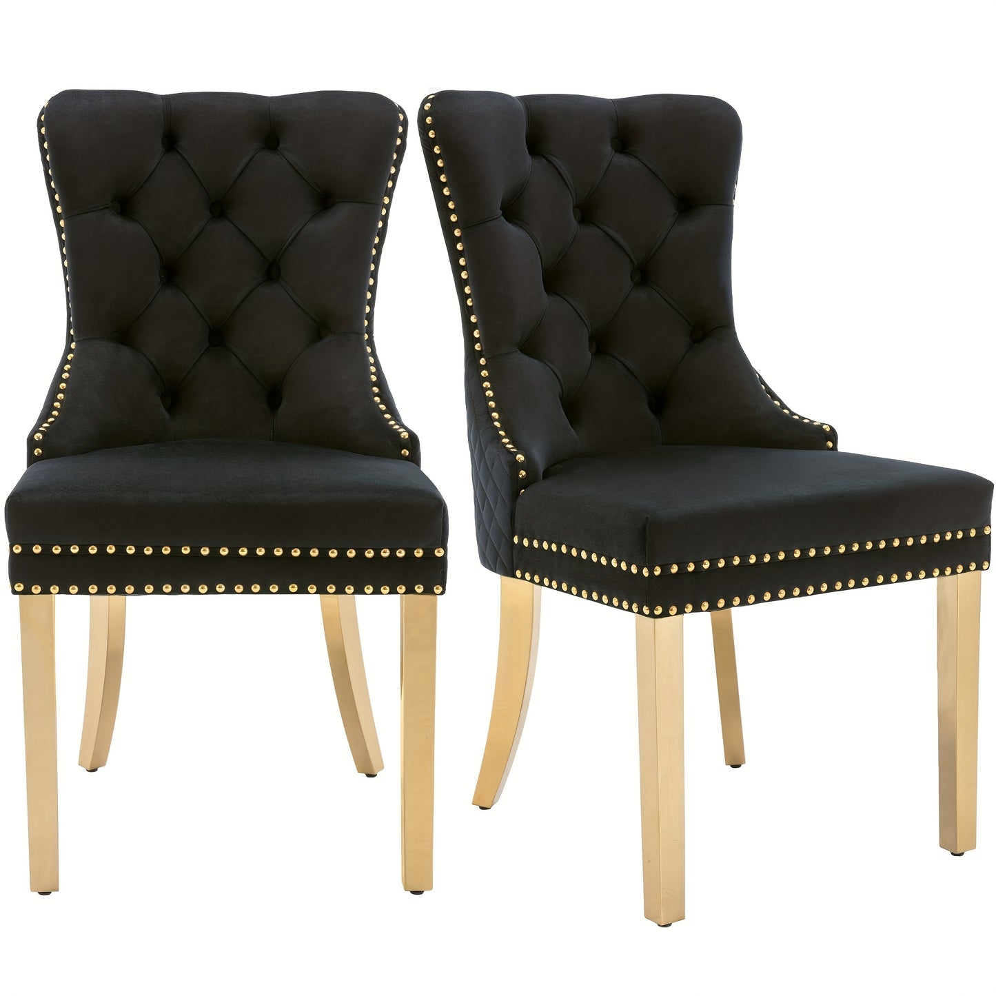 2pcs Elegant Dining Chairs with Golden-Tone Nailhead Trim & Golden-Plated Stainless Steel Legs - Upholstered Backrest, Round Pulls, Classic Modern Design
