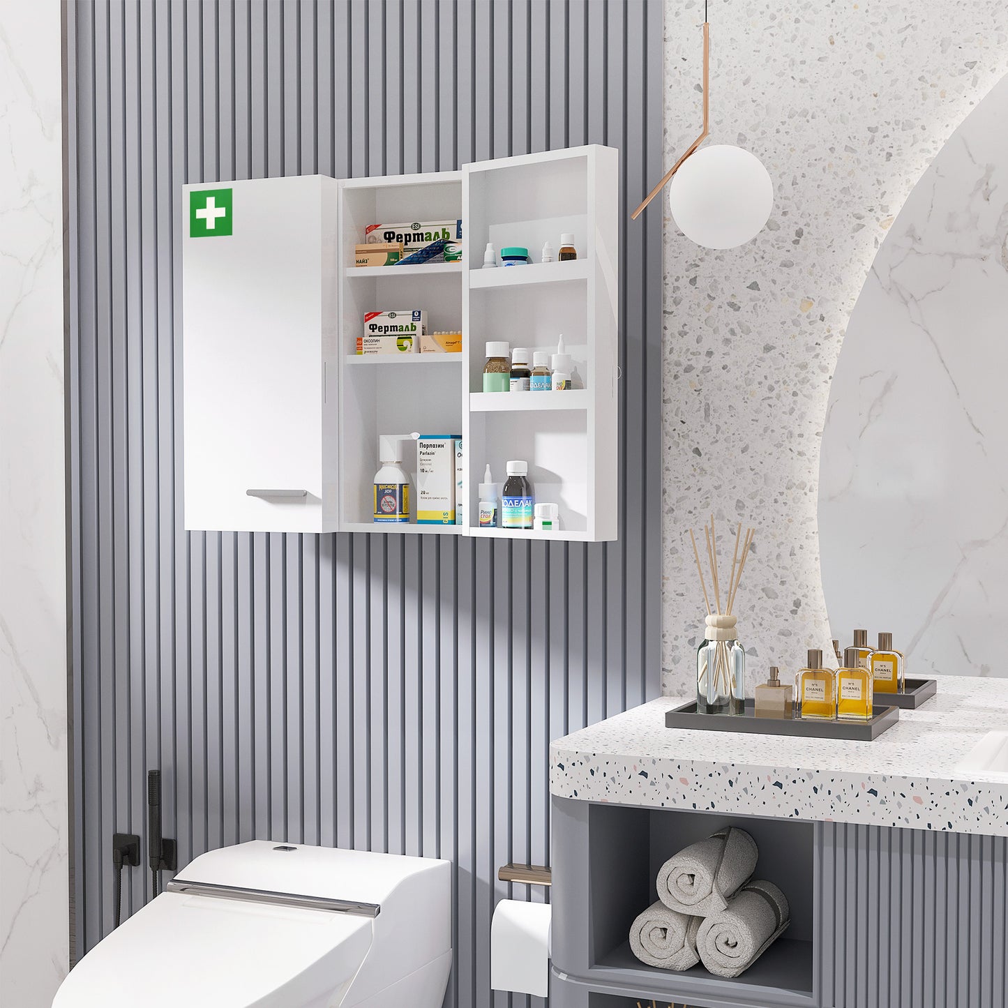 Medicijnkastje – Apothekerskast – Badkamerkast – Medicatiekast – Opbergkast – Met Slot en 2 Sleutels – Staal – 55x18x60 cm – Wandmontage – Kindveilig