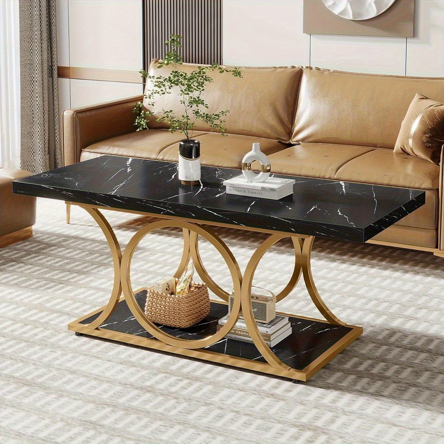 Salontafel – Koffietafel – Woonkamertafel – Bijzettafel – Theetafel – Modern Rechthoekig – 2-laags Opbergruimte – Zwart Marmerlook Tafelblad met Gouden Metalen Poten