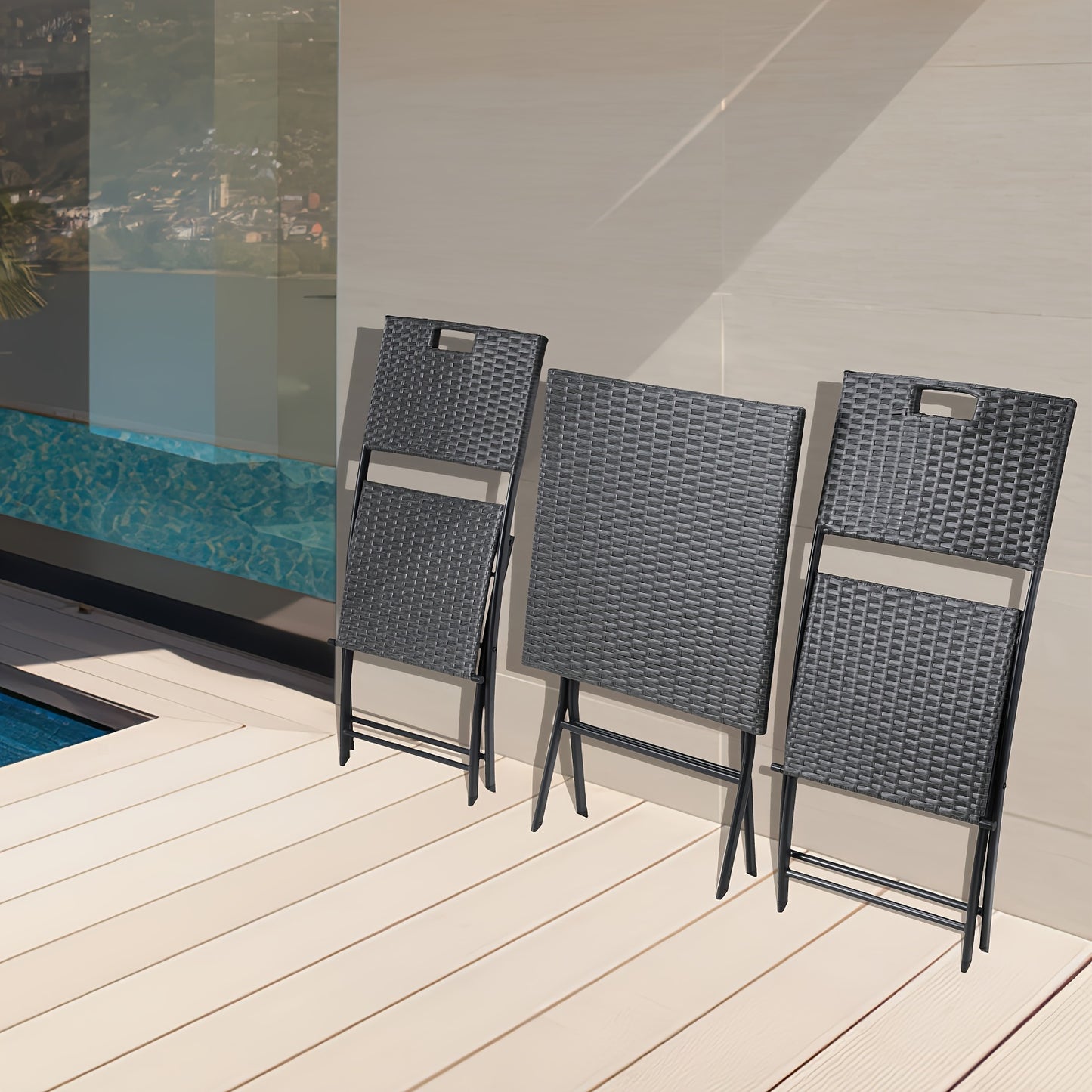 3-delige Tuinset – Balkonmeubel Set – Rattan Bistro Set – Opvouwbare Tafel En Stoelen – Lichtgewicht Outdoor Meubilair – Ideaal Voor Terras En Tuin – Compact En Handzaam